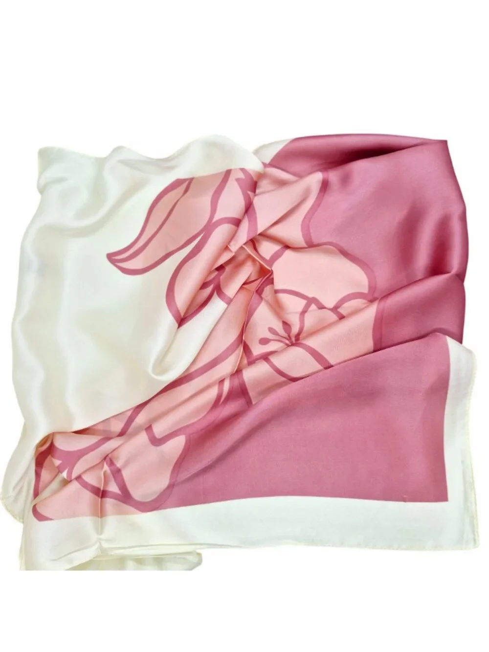 ⭐New Elegant Bandana Square Scarf Silky Satin Vintage Floral Print Pink Beige⭐